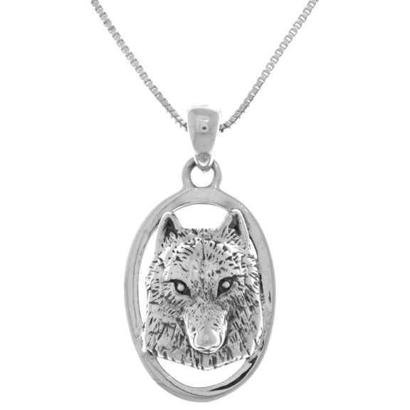 Sterling Silver Wolf Face 3D Portrait Pendant on 18 Inch Box Chain Necklace