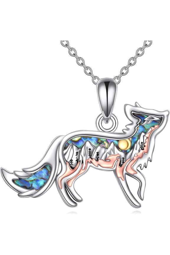 Sterling Silver Wolf/Fox and Mountain Pendant Necklace Jewelry Gifts for Women Men