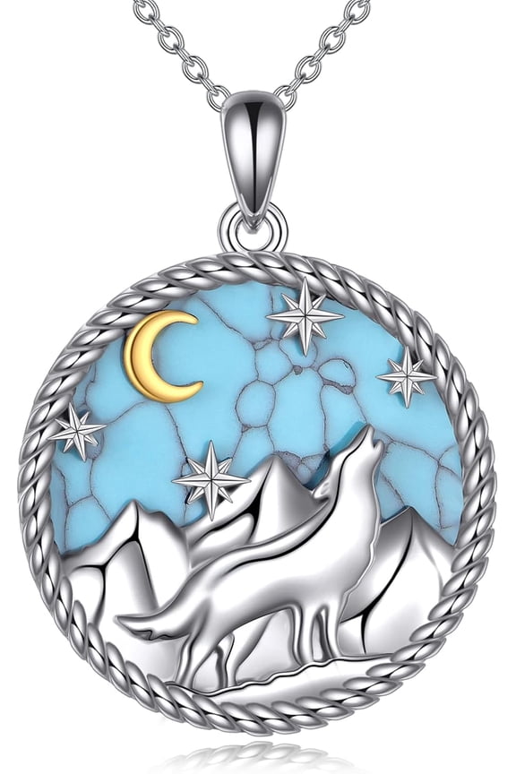 Sterling Silver Wolf and Turquoise Mountain Pendant Necklace Jewelry Gifts for Women Men