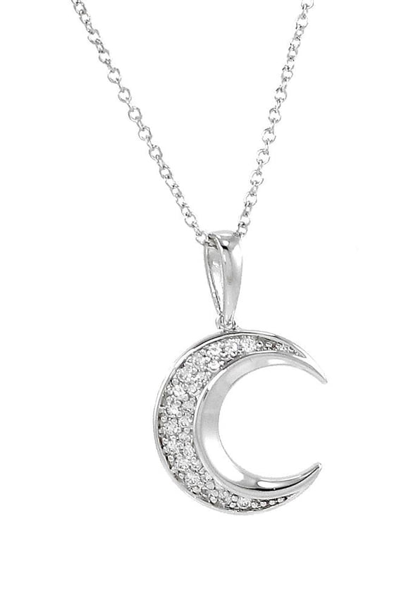 Sterling Silver Women Crecent Moon Pendant Necklace Cubic Zirconia 16" chain