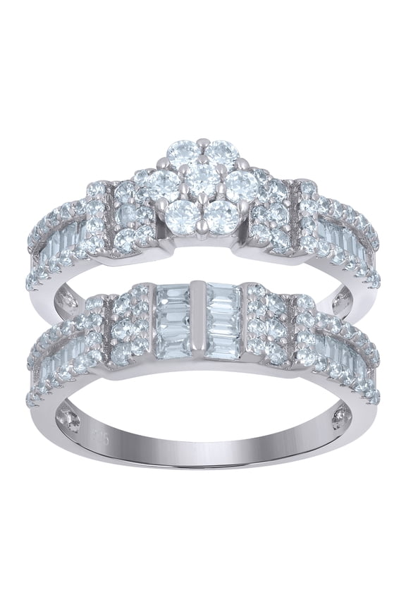 Sterling Silver Women's Baguette Cubic-Zirconia Flower Duo Bridal Anniversary Wedding Engagement Band Ring Set Size 8