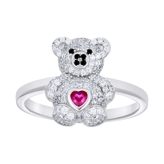Sterling Silver Women's Black/Pink White Heart Round Cubic-Zirconia Teddy Bear Love Heart Bridal Anniversary Wedding Engagement Band Ring Size 7