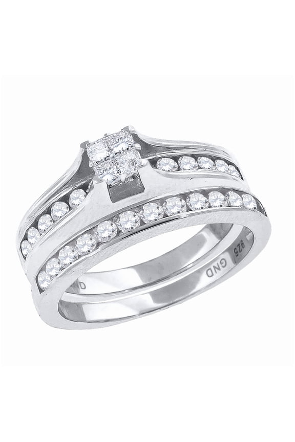 Sterling Silver Women's CZ Size-8 Princess-Cut Center Stones Square Head Bridal Set Anniversary Engagement Wedding Band Ring