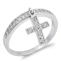 Sterling Silver Women's Clear CZ Dangle Cross Ring Band 12mm White 925 Jewelry Female Size 9
