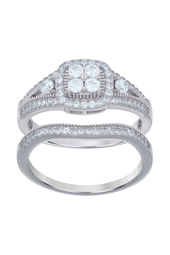 Sterling Silver Women's Cubic-Zirconia Duo Bridal Anniversary Engagement Wedding Ring Set Size 10