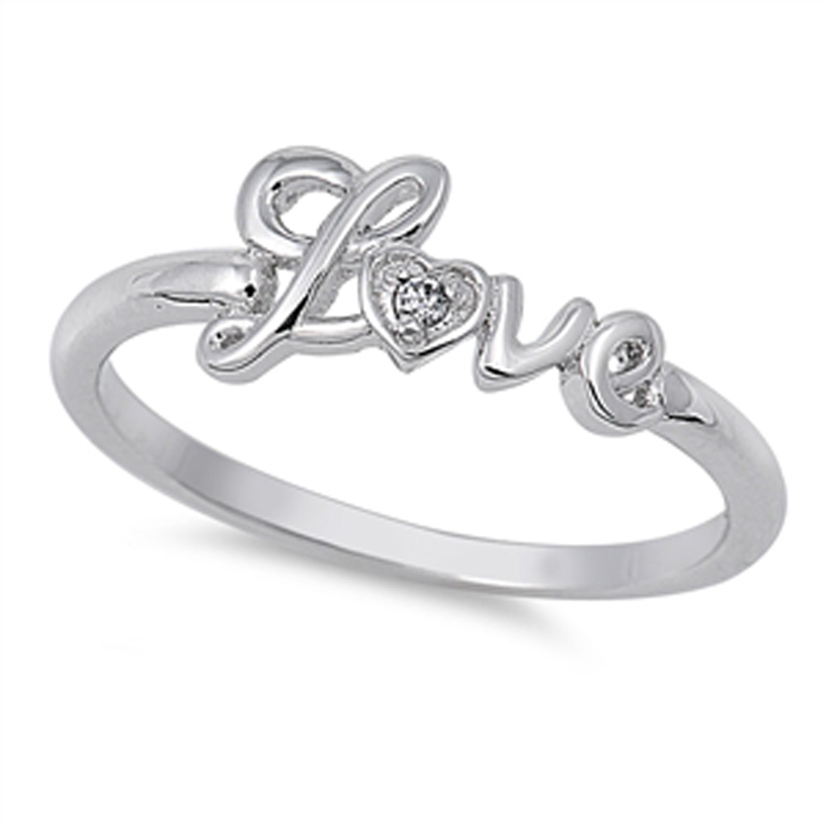 Sterling Silver Womens Flawless Colorless Cubic Zirconia Heart Word Love Ring Sizes 4 11