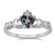 PRIME JEWELRY COLLECTION Sterling Silver Women's Flawless Rainbow Simulated Topaz Cubic Zirconia Friendship Claddagh Heart Ring (Sizes 2-13) (Ring Size 12)