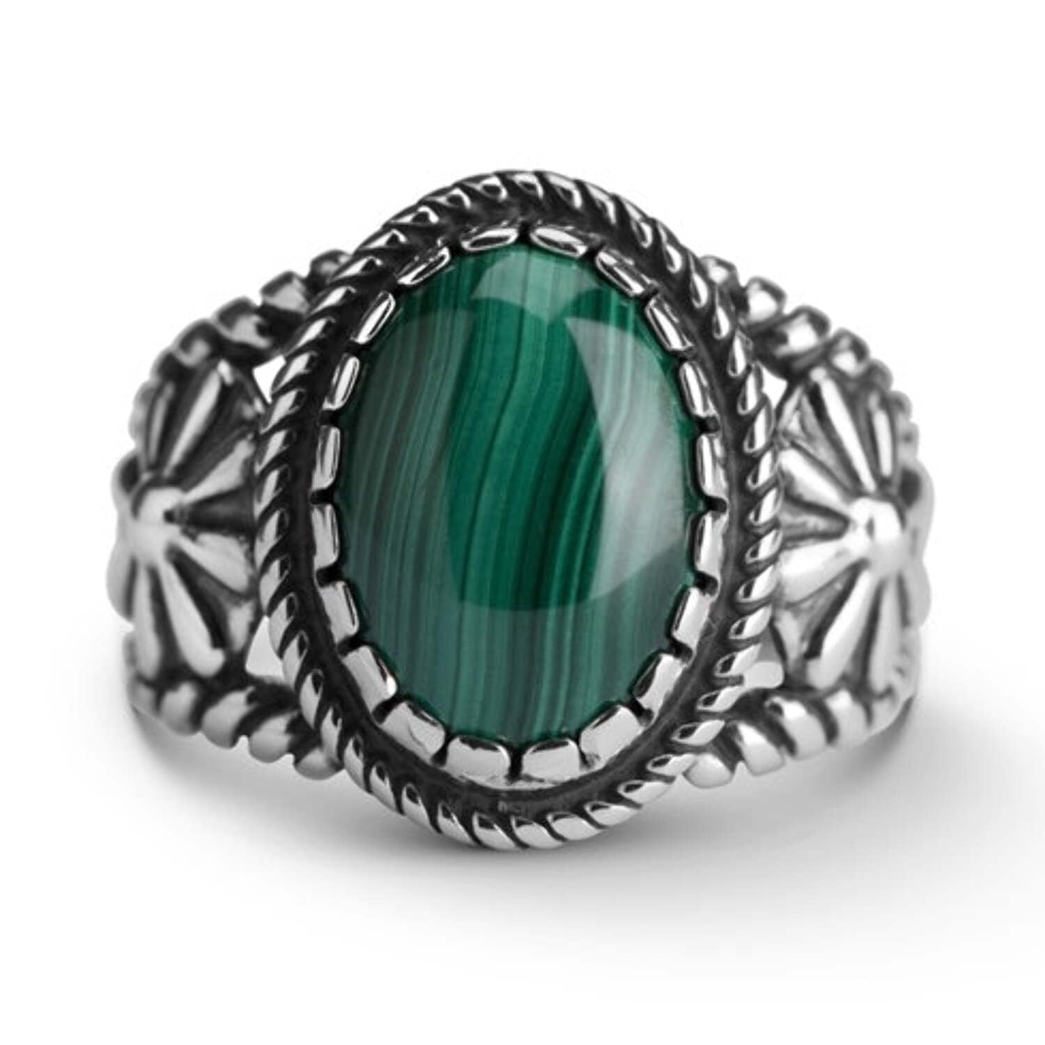 Sterling Silver Green Malachite Gemstone Concha Flower Ring, Sizes 5 to ...
