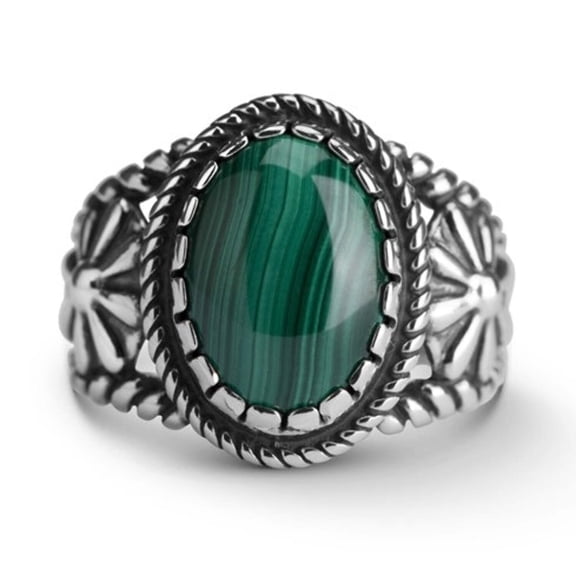 Sterling Silver Green Malachite Gemstone Concha Flower Ring, Sizes 5 to 10