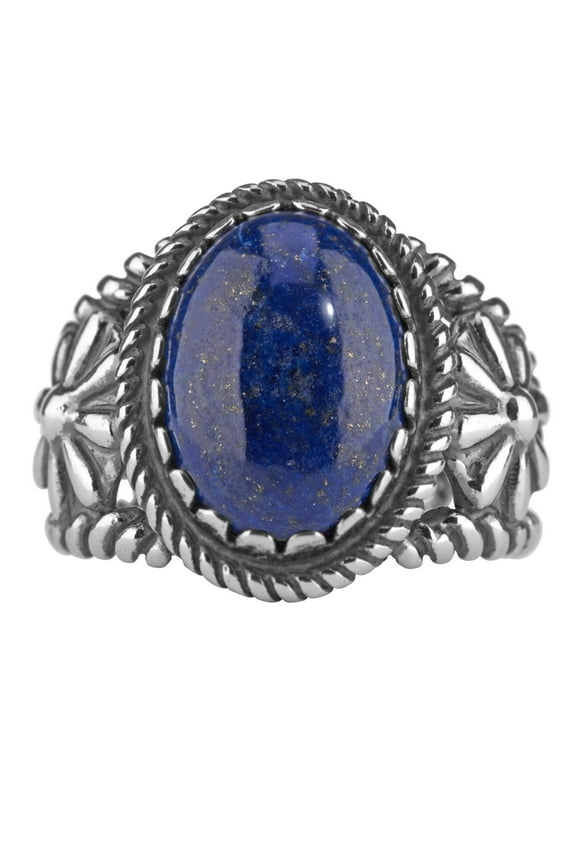 Sterling Silver Lapis Lazuli Gemstone Concha Flower Ring, Sizes 5 to 10