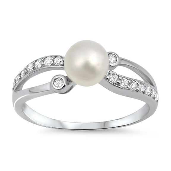 Sterling Silver Women's Simulated Pearl Clear CZ Ring 925 Band White Jewelry Female Size 9