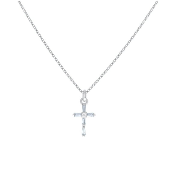 Sterling Silver Womens Baguette Cubic-Zirconia Cross Charm Necklace