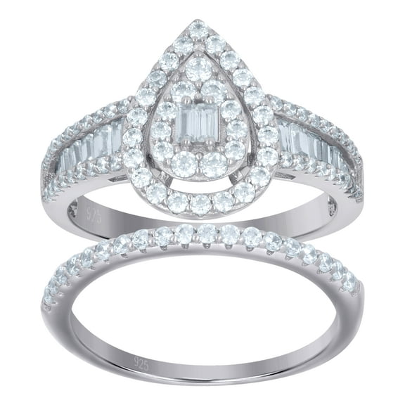 Sterling Silver Womens Baguette Cubic-Zirconia Teardrop Duo Bridal Anniversary Wedding Engagement Band Ring Set Size 9
