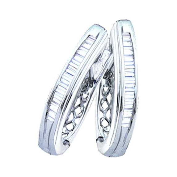 Sterling Silver Womens Baguette Diamond Hoop Earrings 1/3 Cttw