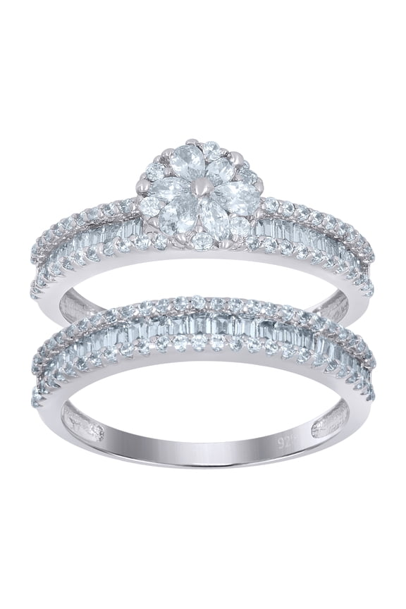 Sterling Silver Womens Baguette/Pear Cubic-Zirconia Flower Duo Bridal Anniversary Wedding Engagement Band Ring Set Size 10