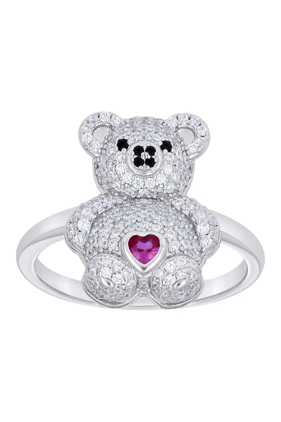 Sterling Silver Womens Black/Pink White Heart Round Cubic-Zirconia Teddy Bear Love Heart Bridal Anniversary Wedding Engagement Band Ring Size 8