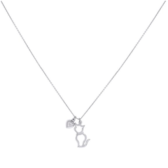 Sterling Silver Womens Cat & Heart Fashion Charm Necklace