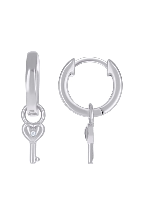 Sterling Silver Womens Cubic-Zirconia Key Lock & Key Dangle Hoop Earrings