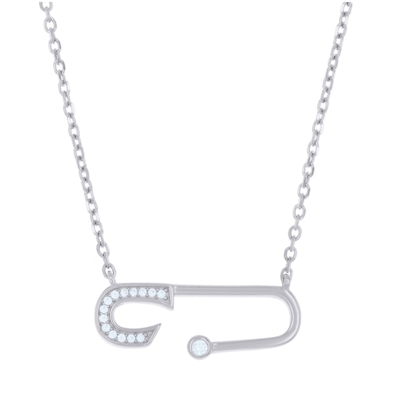 Sterling Silver Womens Cubic-Zirconia Safety Pin Necklace