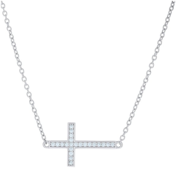 Sterling Silver Womens Cubic-Zirconia Sideways Cross Religious Charm Necklace Size 16 + 1.5 Inches