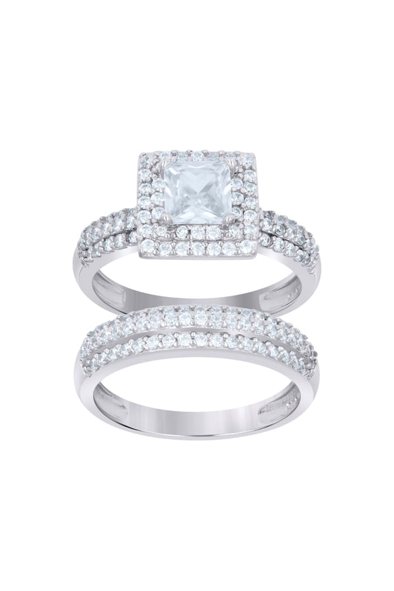 Sterling Silver Womens Cubic Zirconia Size-7 Princess-Cut Center Stone Bridal Set Anniversary Engagement Wedding Band Ring