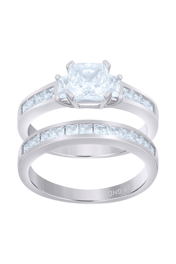 Sterling Silver Womens Cubic Zirconia Size-8 Princess-Cut Center Stone Bridal Set Anniversary Engagement Wedding Ring Band