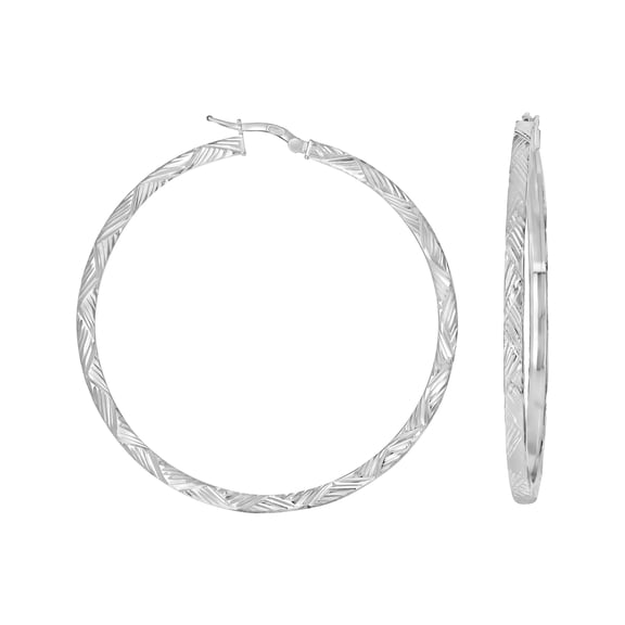 Sterling Silver Womens Diamond-Cut Patterned Square Tube Hoop Earrings