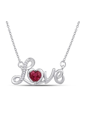 Sterling Silver Womens Heart Lab-Created Ruby Heart Necklace 1/2 Cttw