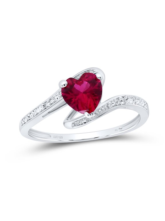 Sterling Silver Womens Heart Lab-Created Ruby Solitaire Diamond Ring 1.00 Cttw