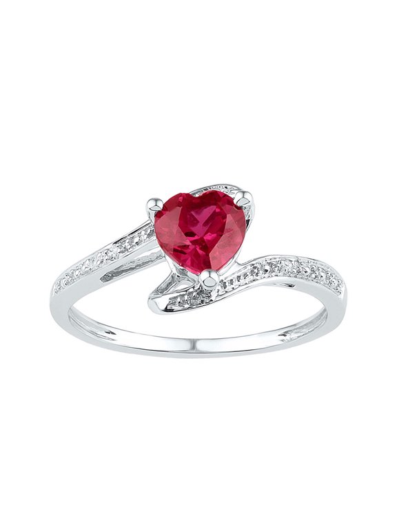 Sterling Silver Womens Heart Synthetic Ruby Solitaire Diamond Ring 1 Cttw