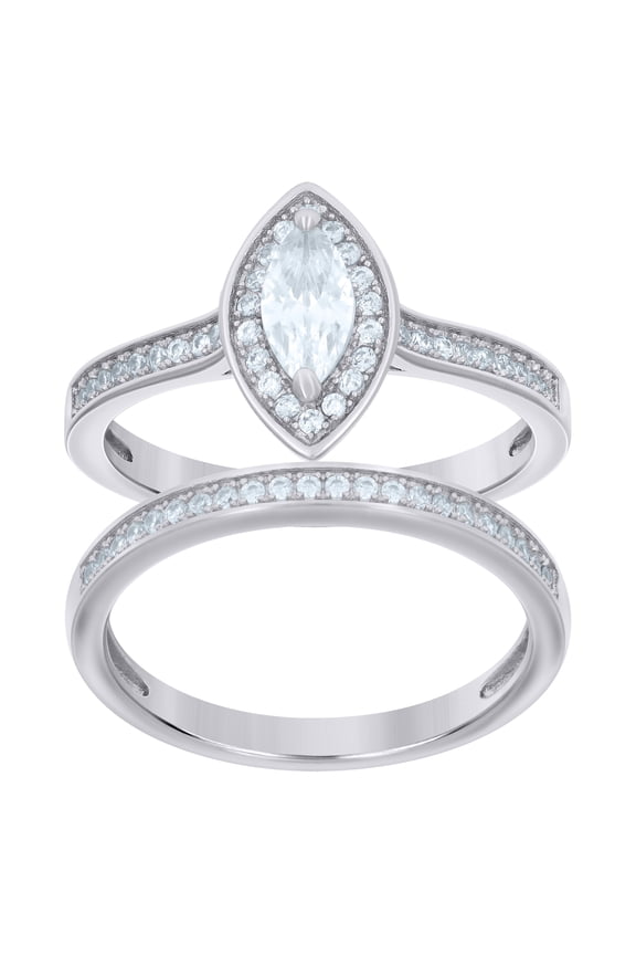 Sterling Silver Womens Marquise Round Cubic-Zirconia Duo Bridal Anniversary Engagement Wedding Ring Set Size 9