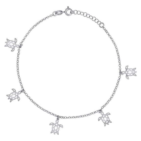 Sterling Silver Womens Ocean Life Turtle Charms Anklet Size 10 Inches