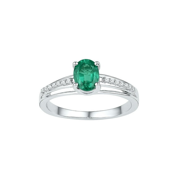 Sterling Silver Womens Oval Synthetic Emerald Solitaire Diamond Ring 1/2 Cttw