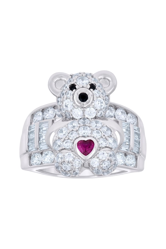 Sterling Silver Womens Pink/Black White Baguette/Heart Round Cubic-Zirconia Teddy Bear Heart Bridal Anniversary Wedding Engagement Band Ring Size 9
