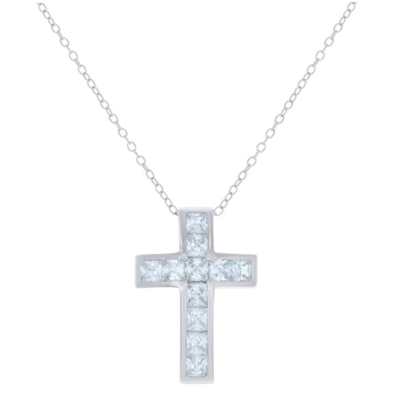 Sterling Silver Womens Princess-Cut Cubic-Zirconia Cross Religious Charm Necklace