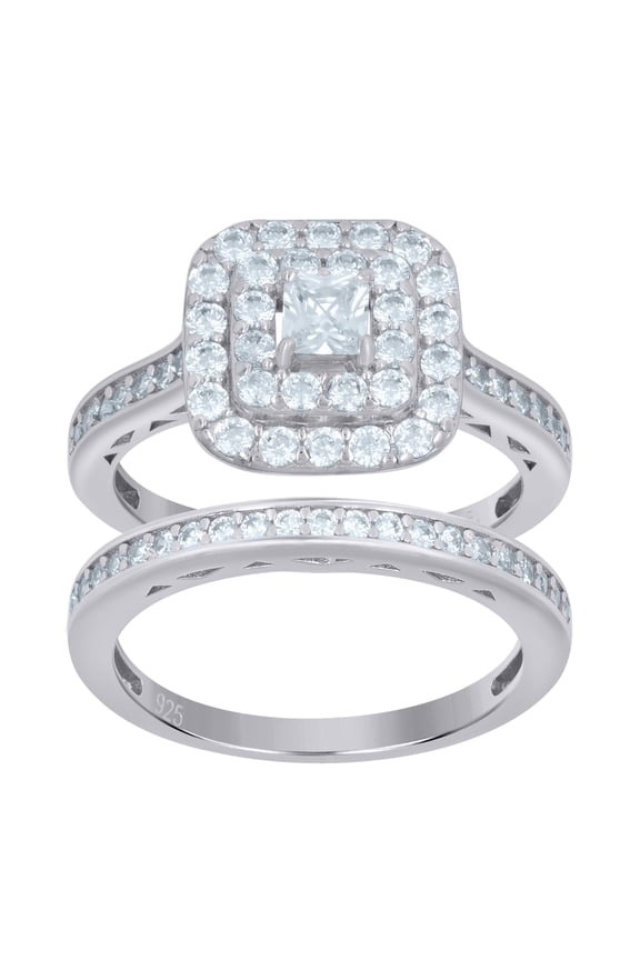 Sterling Silver Womens Princess-Cut Cubic-Zirconia Duo Bridal Anniversary Wedding Engagement Band Ring Set Size 6
