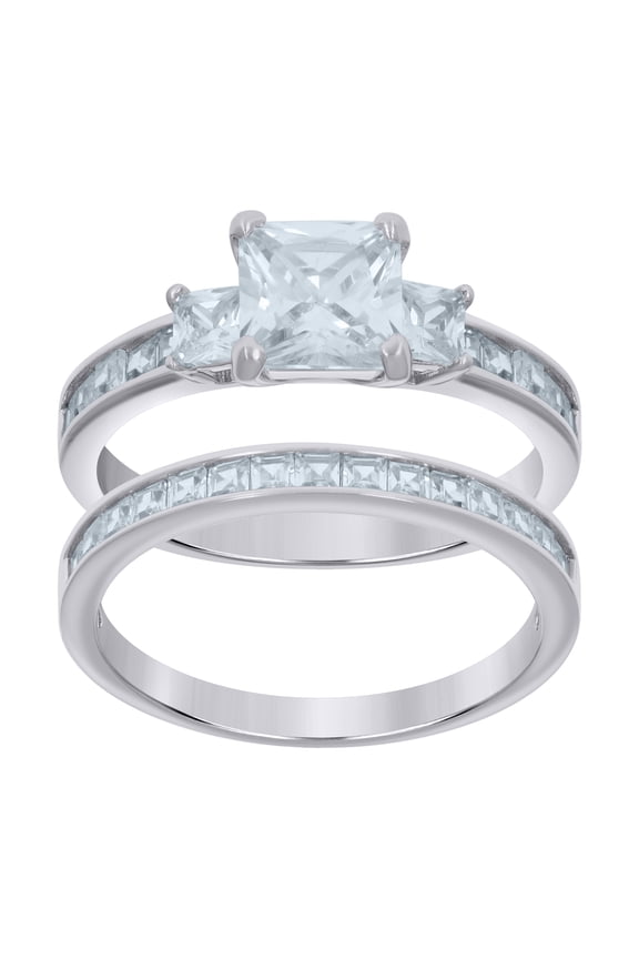 Sterling Silver Womens Princess-cut Cubic-Zirconia Duo Bridal Anniversary Engagement Wedding Ring Set Size 10