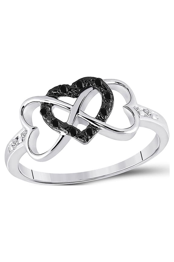 Sterling Silver Womens Round Black Color Enhanced Diamond Triple Trinity Heart Ring 1/10 Cttw