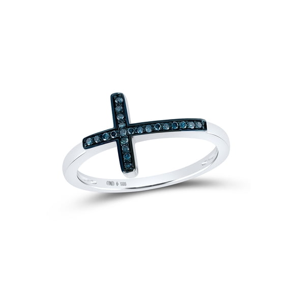Sterling Silver Womens Round Blue Color Enhanced Diamond Cross Fashion Ring 1/20 Cttw