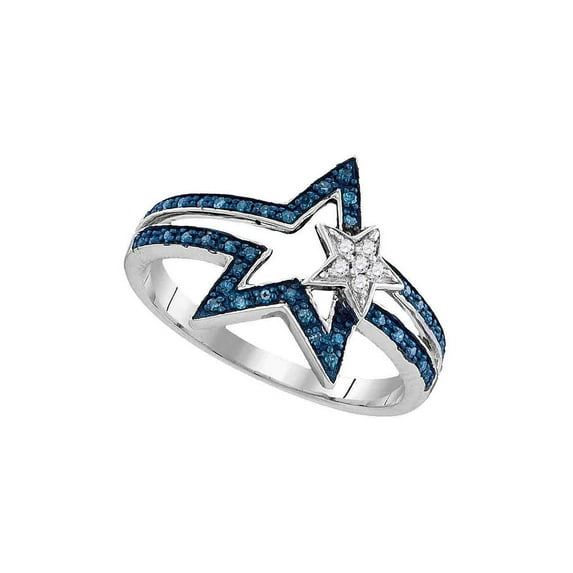 Sterling Silver Womens Round Blue Color Enhanced Diamond Double Star Ring 1/6 Cttw