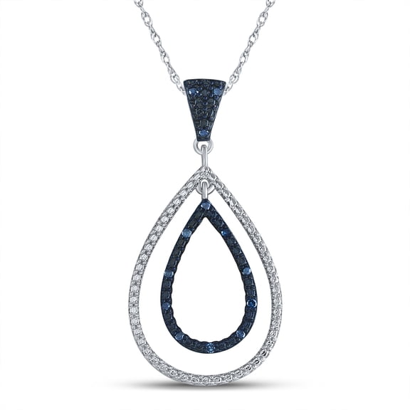Sterling Silver Womens Round Blue Color Enhanced Natural Diamond Teardrop Pendant 1/10 Cttw 42x20mm bail 2.4mm