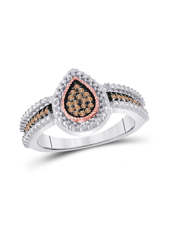 Sterling Silver Womens Round Brown Diamond Teardrop Cluster Ring 1/6 Cttw