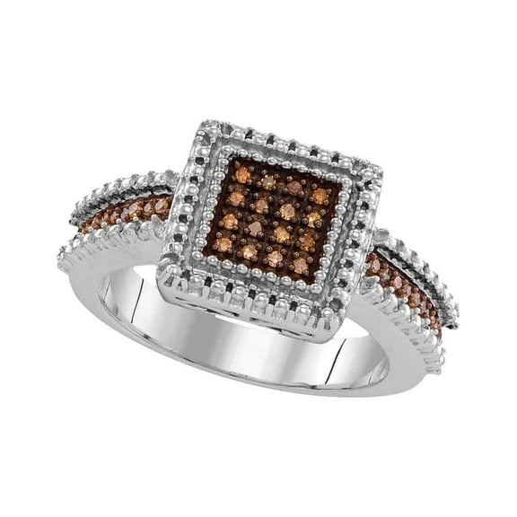 Sterling Silver Womens Round Cognac-brown Colored Diamond Square Cluster Ring 1/6 Cttw
