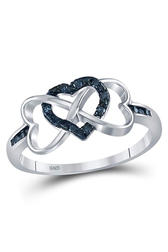 Sterling Silver Womens Round Color Enhanced Blue Diamond Triple Heart Infinity Ring 1/10 Cttw