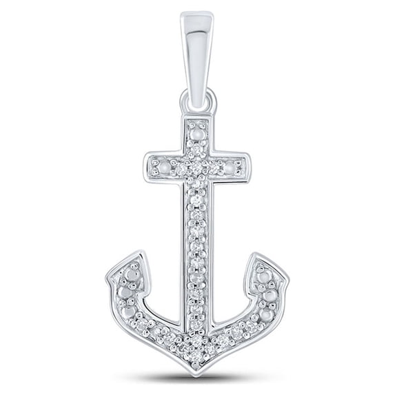 Sterling Silver Womens Round Diamond Anchor Nautical Pendant 1/12 Cttw