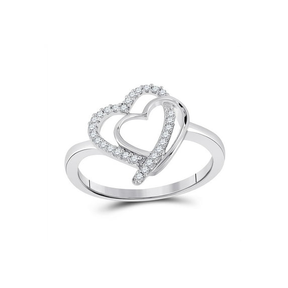 Sterling Silver Womens Round Diamond Double Heart Ring 1/6 Cttw