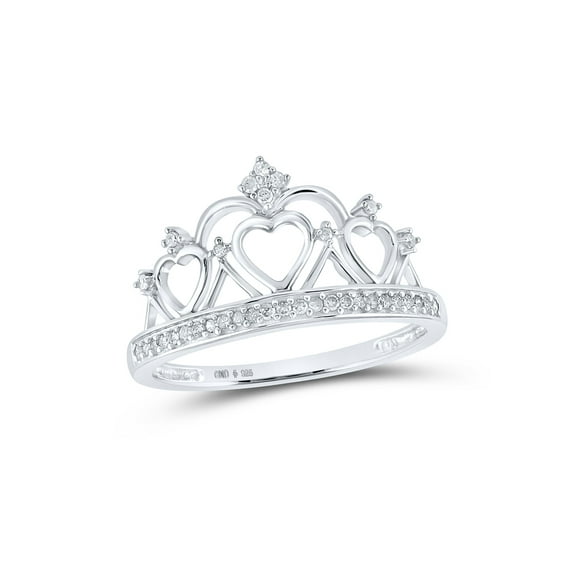 Sterling Silver Womens Round Diamond Heart Crown Tiara Fashion Ring 1/6 Cttw