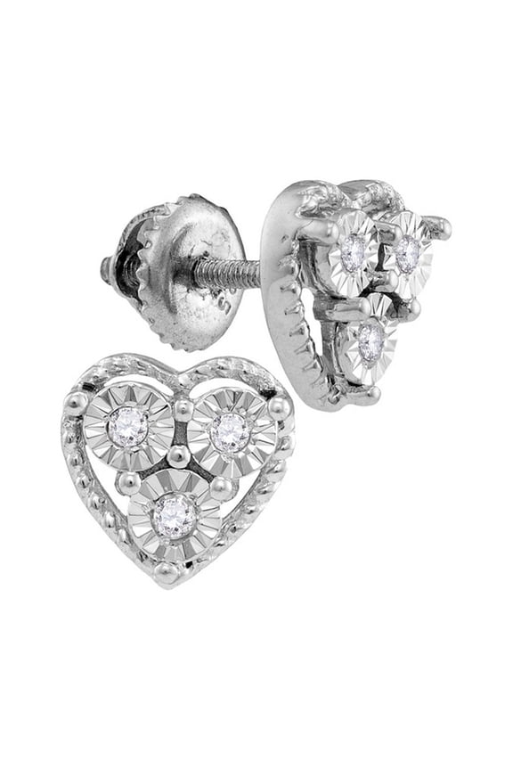 Sterling Silver Womens Round Diamond Heart Frame Stud Earrings 1/20 Cttw