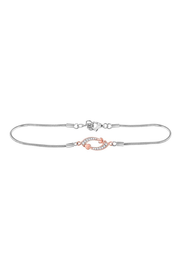Sterling Silver Womens Round Diamond Heart Loop Fashion Bracelet 1/12 Cttw