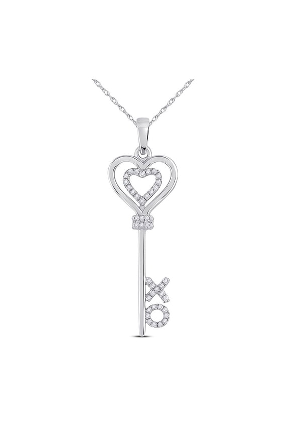 Sterling Silver Womens Round Diamond Heart XO Key Pendant 1/8 Cttw